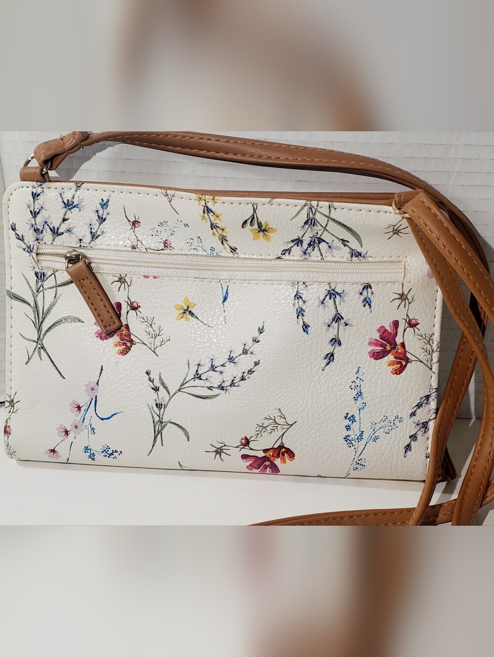 Women’s Cream Floral Crossbody Bag with Tan Trim